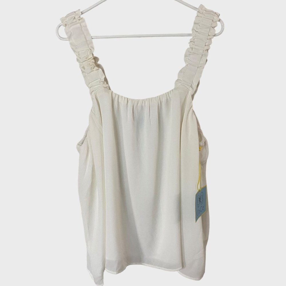 CeCe Sleeveless Ruffled Swing Blouse Women's XL White Textured Smocked Top New